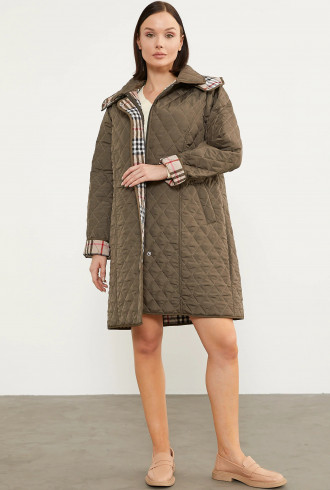 Kapüşonlu Ekose Detaylı Uzun Mont - Haki Kapüşonlu Ekose Detaylı Uzun Mont - Haki
